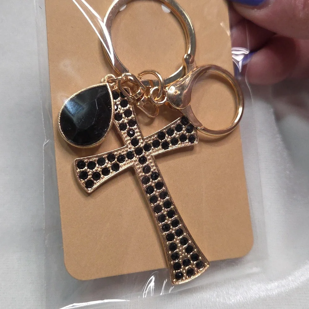 Ladies Black Cross Keychain Bag Charm Purse Charm Rhinestones Crystals Key Ring